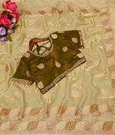 Pista Satin Silk Saree with Mhendi Color Embroidered Blouse With Siroski Diamond