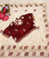 Cream Satin Silk Saree with Maroon Color Embroidered Blouse With Siroski Diamond
