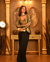 Royal Gold & Black Brocade Peplum Set with Draped Wrap Skirt