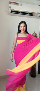Vibrant Magenta & Yellow Chiffon Saree with Sleek Sleeveless Blouse