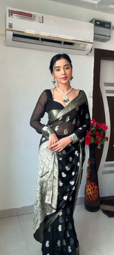 Midnight Noir Banarasi Organza Saree with Silver Zari Butta & Sheer Full-Sleeve Blouse Set