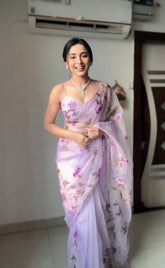 Lavender Organza Silk Saree with Hand-Painted Floral Printed Spaghetti Strap Blouse