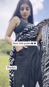 Midnight Black Chevron Hand-Block Cotton Saree