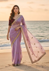 Wine Heavily Embroidered Blouse with Lavender Silk Saree Set – Royal Festive Wear