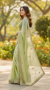 Pista Saree With Embroidered Heavy Blouse