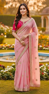 Pink Organza Saree with Heavy Rani Pink Embroidered Blouse | Handcrafted Sequin Work & Scalloped Borders