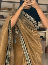 Champagne Gold Organza Saree with Embroidered Border & Velvet Blouse Piece
