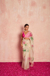 Cream Chiku Color Hand-Painted Floral Organza Silk Saree with Handwork Borders & Silk Blouse