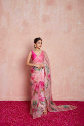 Light Pink Hand-Painted Floral Organza Silk Saree with Handwork Borders & Silk Blouse