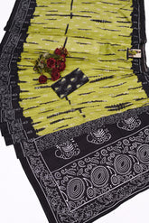 Hand-Block Printed Lime Green & Black Mulmul Cotton Saree with Sleeveless Printed Blouse