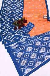 Handloom Linen Ikat Saree in Vibrant Orange & Indigo Blue | Ethnic Geometric Weave with Matching Sleeveless Blouse