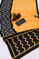 Mustard Yellow & Charcoal Black Hand-Block Print Cotton Saree