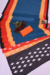 Handcrafted Mul Cotton Saree with Shibori Tie-Dye & Ikat Border – Teal, Mustard & Crimson