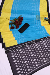Blue & Mustard Yellow Handloom Ikkat Cotton Saree with Contrast Black Blouse