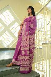 Elegant Plum Purple Hand-Block Printed Mul Cotton Saree with Classic White Sleeveless Blouse – Traditional Ethnic Wear