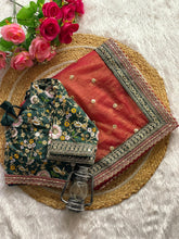 Orange Color Gold Crush Saree with Heavy Embroidered Emerald Green Blouse