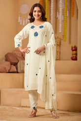 Off-White Silk Blend Straight Kurta Set with Blue Floral Embroidery
