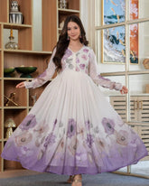 Lavender & White Floral Printed Georgette Anarkali Gown with Pearl Detailing