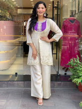Off-White Silk Indo-Western Set with Contrast Purple Embroidered Yoke