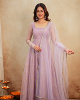 Lavender Organza Anarkali Gown with Silver Butti Embroidery & Net Dupatta
