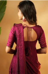 Designer Indo-Western Pre-Draped Saree in Wine Color with Zari Work