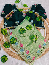 Pista Gold Crush Saree with Green Color Embroidered Blouse | Hand-Crafted Floral Cutwork Border