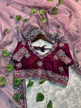 Lavender Color Saree & Wine Embroidered Blouse – Heavy Zari & Zarkhan Diamond