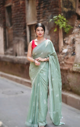 Pastel Green Floral Buta Saree in Soft Cotton - Heritage Collection