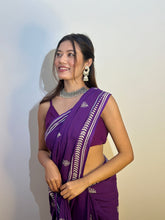Royal Purple Cotton-Silk Saree with Silver Leaf Block Prints & Spaghetti Strap Blouse – Elegant Ethnic Evening Wear