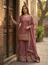 Designer Dusty Pink Embroidered Sharara Set with Matching Dupatta