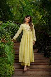 Elegant Lemon Yellow Embroidered Anarkali Kurta Set with Dupatta