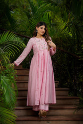 Designer Baby Pink Floral Embroidery Nayra Cut Salwar Suit Set