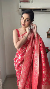 Royal Crimson Banarasi Silk Saree with Elegant Jaal Weave & Sleeveless Contemporary Blouse