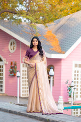 Elegant Rose-Gold Tissue Organza Saree with Scalloped Purple Border & Matching Blouse