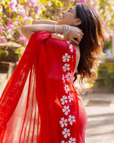 Ruby Red Chiffon Saree with Hand-Painted Floral Borders & Halter Neck Blouse