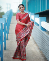 Royal Crape Ajrakh-Print Saree in Soft Silk – Handcrafted Border & Pallu with Matching Polka-Dot Blouse Piece