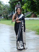 Elegant Midnight Black Crape Silk Saree with Hand-Block Inspired Elephant & Figurine Prints