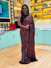 Elegant Multi-Color Striped Ajrakh Print Saree with Contrast Border