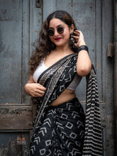 Black Cotton Hand-Block Print Saree | Artisanal Geometric Design | Includes White Crop-Style Blouse Piece