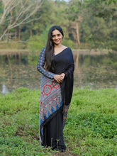 Premium Black Crape Silk Saree featuring Hand-Block Style Pallu Detail