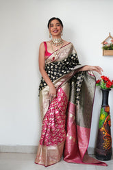 Traditional Black & Pink Banarasi Saree with Heavy Gold Weaving and Unstitched Blouse