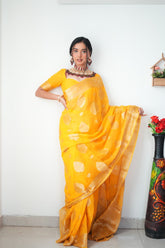 Elegant Mustard Yellow Banarasi Silk Saree with Gold Zari Buta