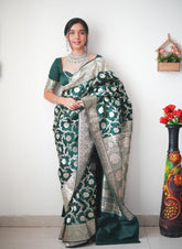 Regal Emerald Green Banarasi Silk Saree with Intricate Silver Zari Floral Weave