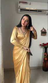 Elegant Mustard Gold Satin Silk Saree with Full-Sleeved Designer Blouse – Luxury Party Wear