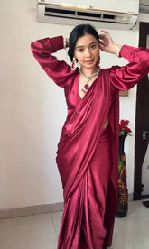Elegant Wine Red Satin Silk Saree with Full-Sleeve Designer Blouse & Statement Border