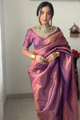 Exquisite Lavender & Rose Gold Kanchipuram Silk Saree with Heavy Zari Weaving and Designer Blouse Piece