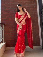 Classic Red Party-Wear Saree with Matching Embroidered Designer Blouse