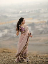 Elegant Rose-Gold Organza Saree with Embroidered Velvet Blouse and Heavy Zari Border