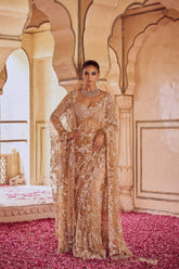 Champagne Gold Heavy Hand-Embroidered Net Saree with Designer Cape Sleeves