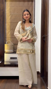Off-White Mirror Work Georgette Sharara Set with Heavy Gota Patti Border